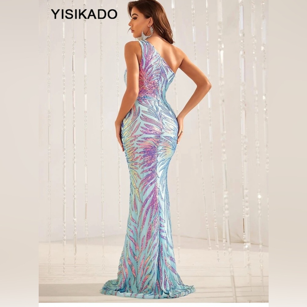 One-Shoulder Sequin Mermaid Dress in Pastel Blue - Picture 2 of 3